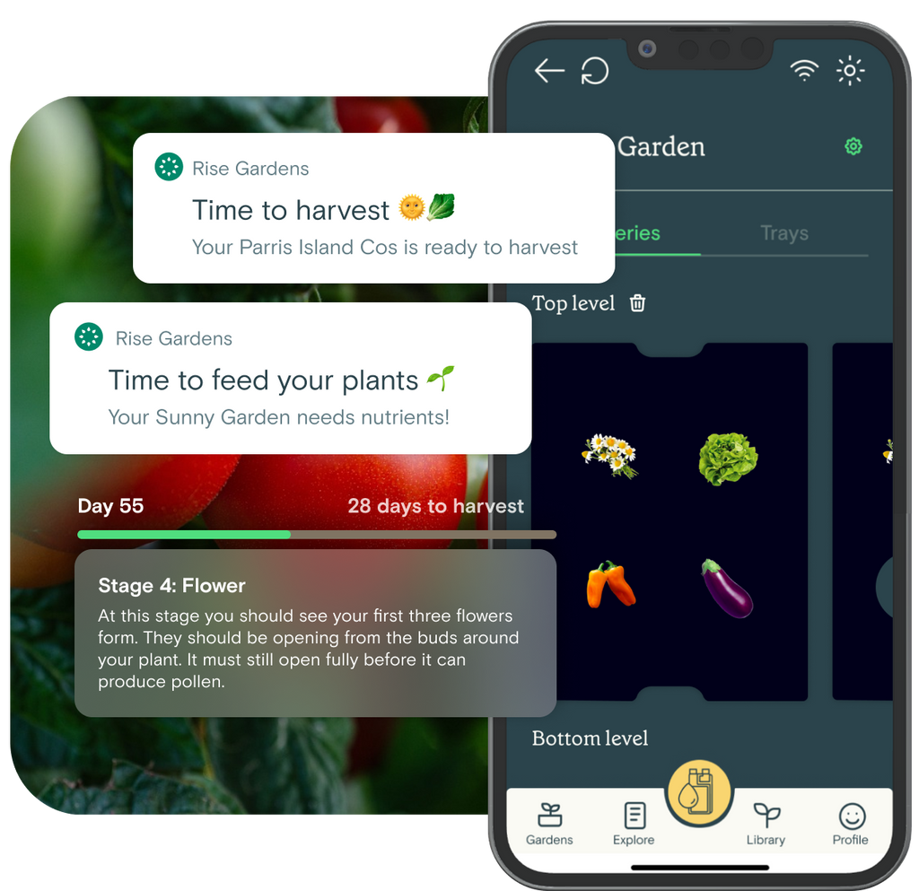 The rise gardens app helps you grow your hydroponic plants. It provides notifications so you know when to add nutrients, when to prune and when to harvest