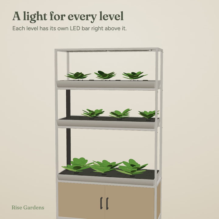 Animation: an LED bar lights up above each level of a three-level Rise Garden 3, with the grow space marked per level