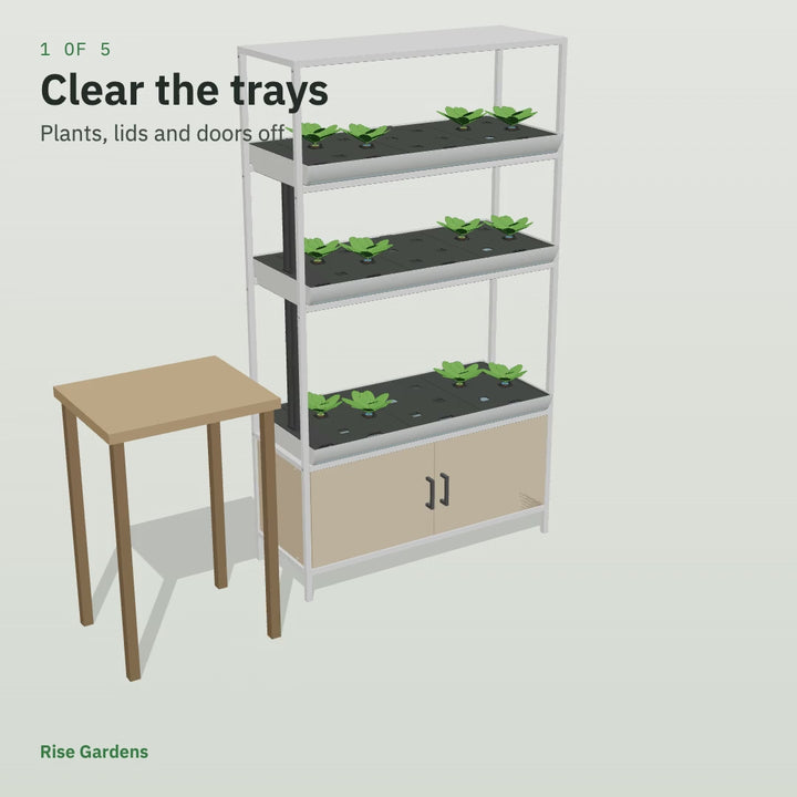 Animation: Rise Garden 3 deep clean, with trays scrubbed, the supply line lifted out and the water tank slid out
