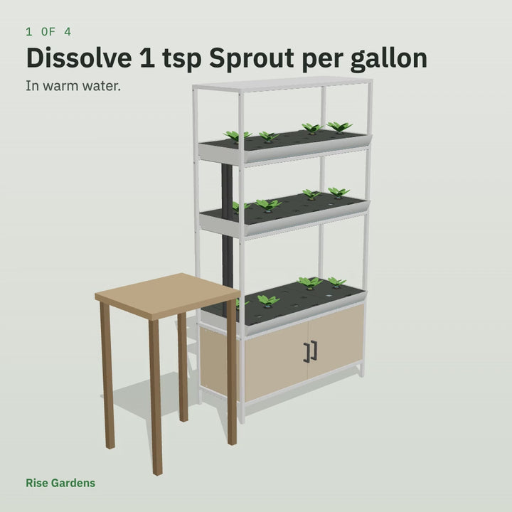 Animation: nutrient water poured through a Rise Garden 3 service door, pumped to the top and trickling down each level
