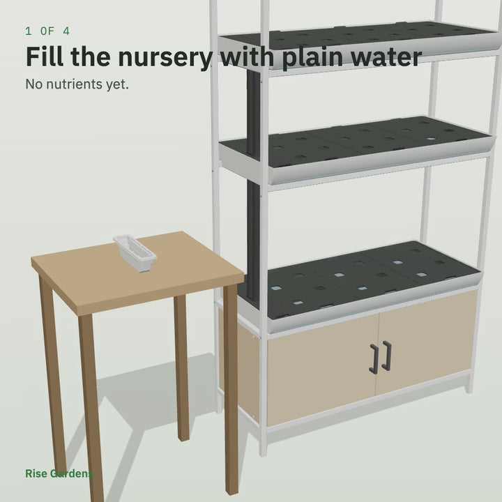 Animation: nursery seeded with net cups, domed and set on a tray lid on the base level of the Rise Garden 3